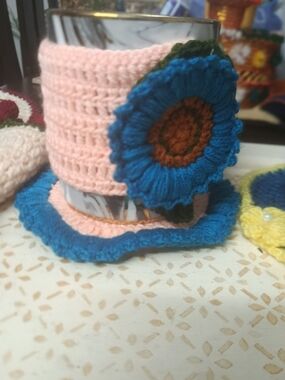 Handmade Crochet Cup Sleeve Set with Blue Flower Accent. ( Mug Not added)